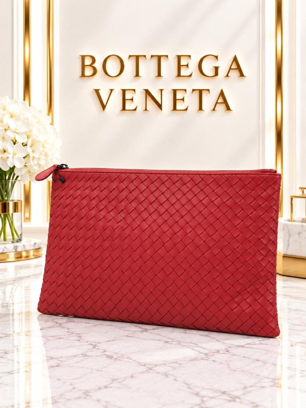 Authentic Bottega Veneta Intrecciato Red Leather Large Zip Pouch Clutch Luxury